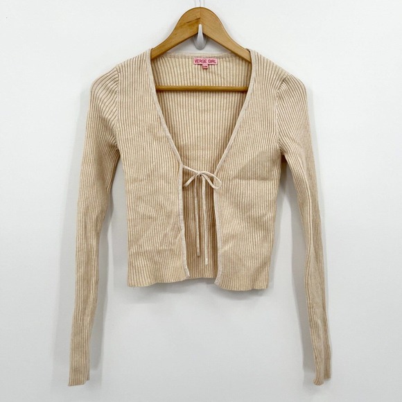 Verge Girl Sweaters - Verge Girl Sweater Women's Small Cream Knit Cardigan Ribbed Open Front Tie Y2K